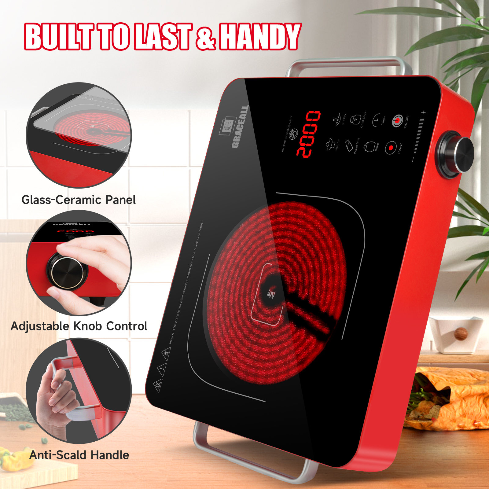 GRACEALL 2000W Electric Cooktop Portable Infrared Stove, Countertop Hot Plate for Cooking, Single Burner Cook Top, Kitchen Knob Control Stove, Unibody Design with BBQ Plate