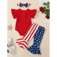 thumbnail image 3 of 4th of July Newborn Baby Girl Outfit Red Ruffles Short Sleeve Romper American Flag Bell Bottom Pants with Headband, 3 of 9