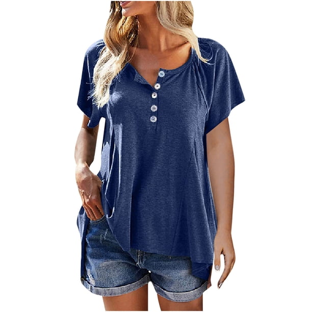 Moda mujer verano Casual botones Patchwork manga corta Pullove blusa sólida Fridja bn3626