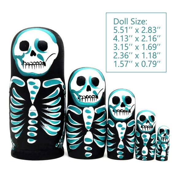 TETOU 5Pcs Skull Nesting Dolls, Beautiful Handmade Wooden Russian Stacking Dolls Collection Toy for Hallowe'en and Birthday