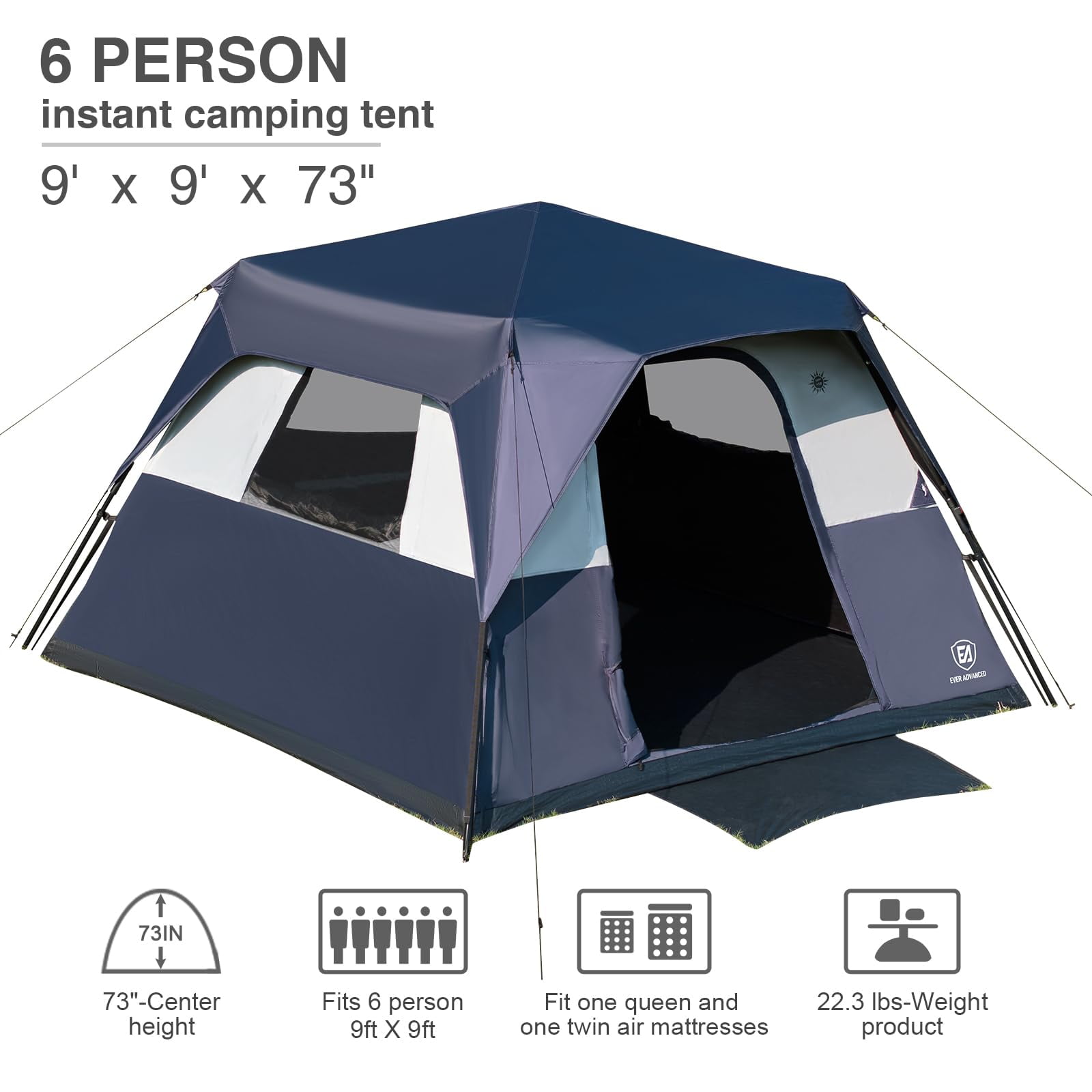 EVER ADVANCED 6 Person Blackout Camping Tent, Instant Family Tents, 60 s Quick Setup, Water-Resistant, Navy