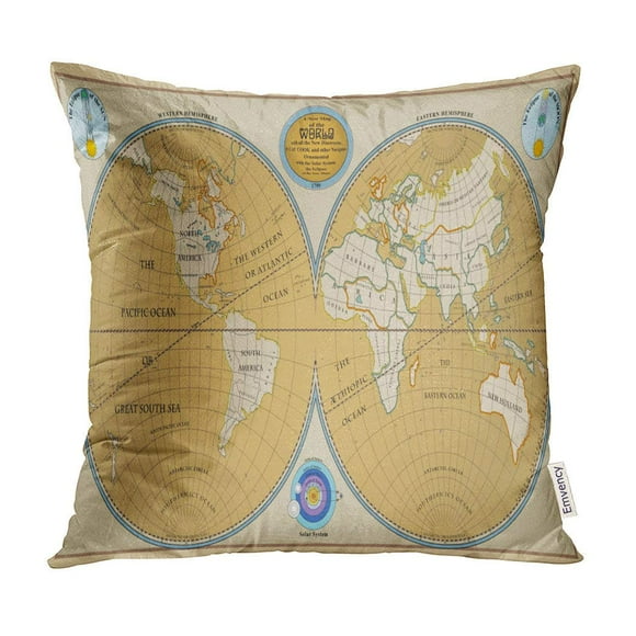 BOSDECO Vintage of Old Globe Map World New Discoveries 1799 Hemisphere Pillow Case Pillow Cover 18x18 inch