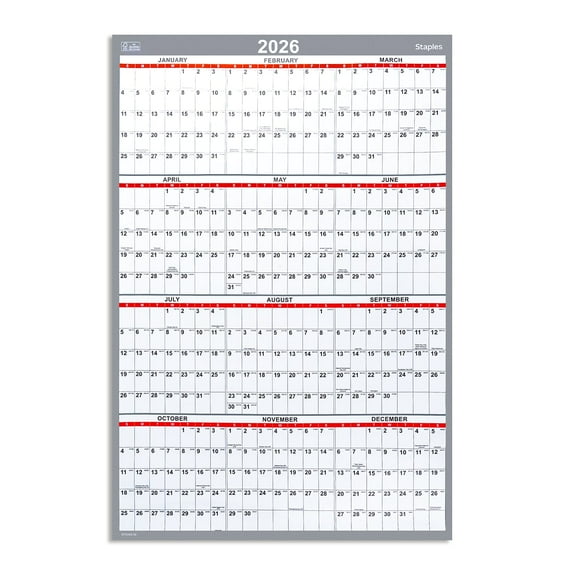 2026 Staples 48" x 32" Yearly Dry Erase Wall Calendar Reversible White/Red/Gray (ST58450-26)