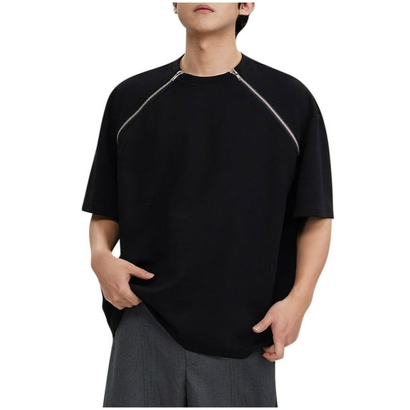 AHTJRT Mens Loose Fit Round Neck Half Sleeve Drop Shoulder Tees with Zipper Solid Basic Tops Black 2XL