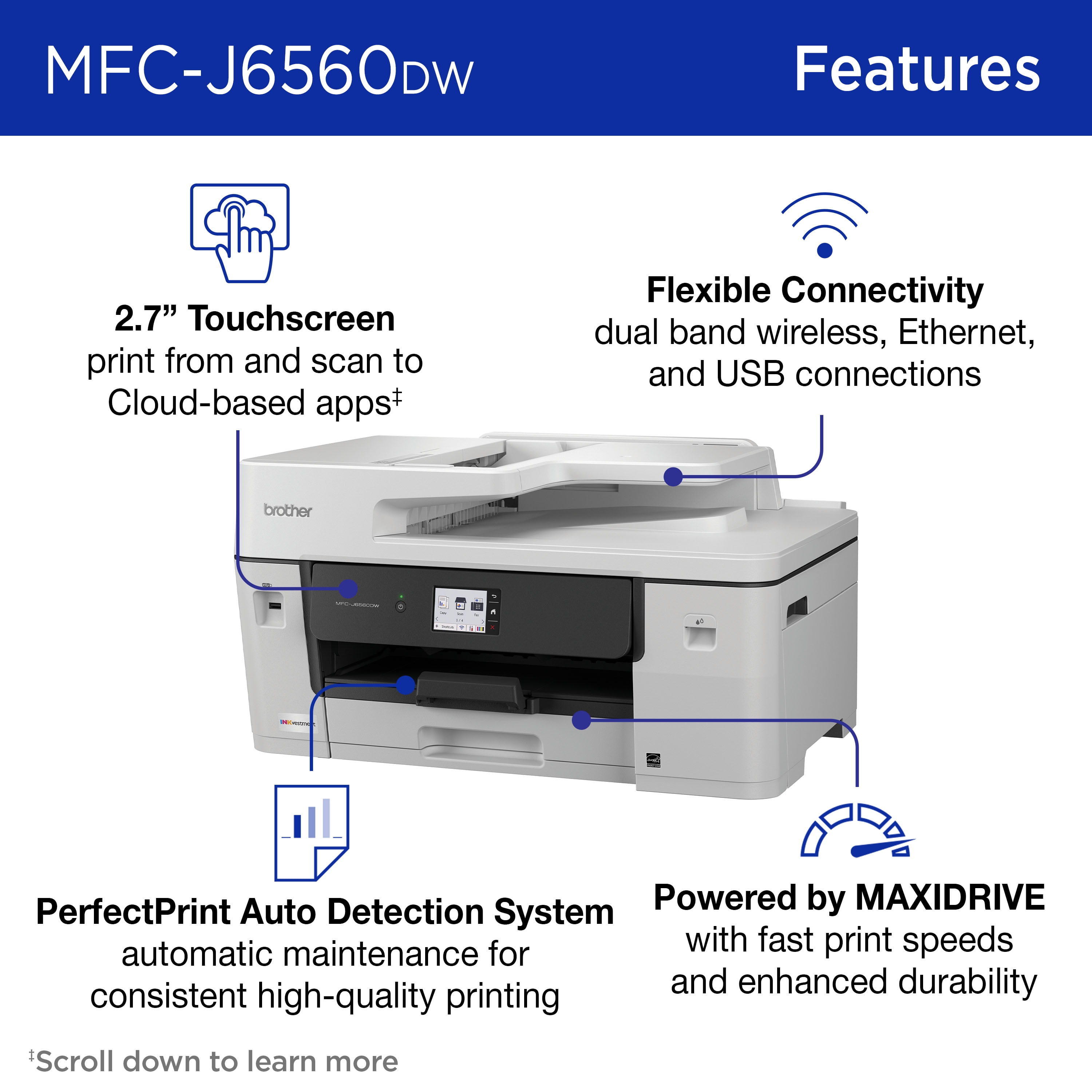 Brother INKvestment MCF-J6560DW Wireless Color Inkjet All-in-One Printer with 11”x17” capabilities and 2.7” Color Touchscreen