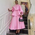 thumbnail image 2 of Women Luxury Pink Satin Maxi Dress Stand Turtleneck Lantern Sleeve High Waist Flowy Floor Length Gown, 2 of 3