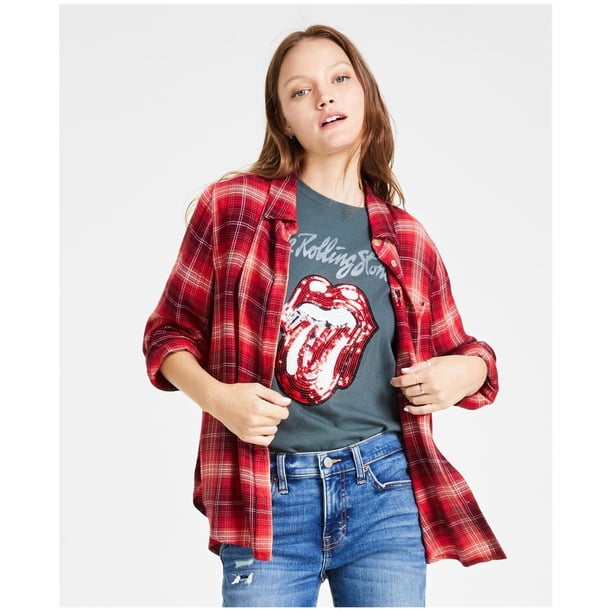 Lucky Brand Womens Cloud Plaid Boyfriend Button Up Shirt, mediumred, L