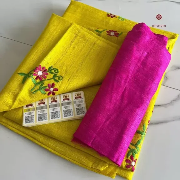 Bumblebee Yellow Tussar Ghicha Silk Embroidery Saree