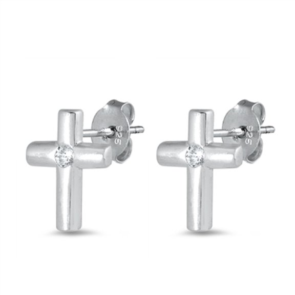 Bezel Set Clear CZ Round Plain Cross Stud Earring Sterling Silver