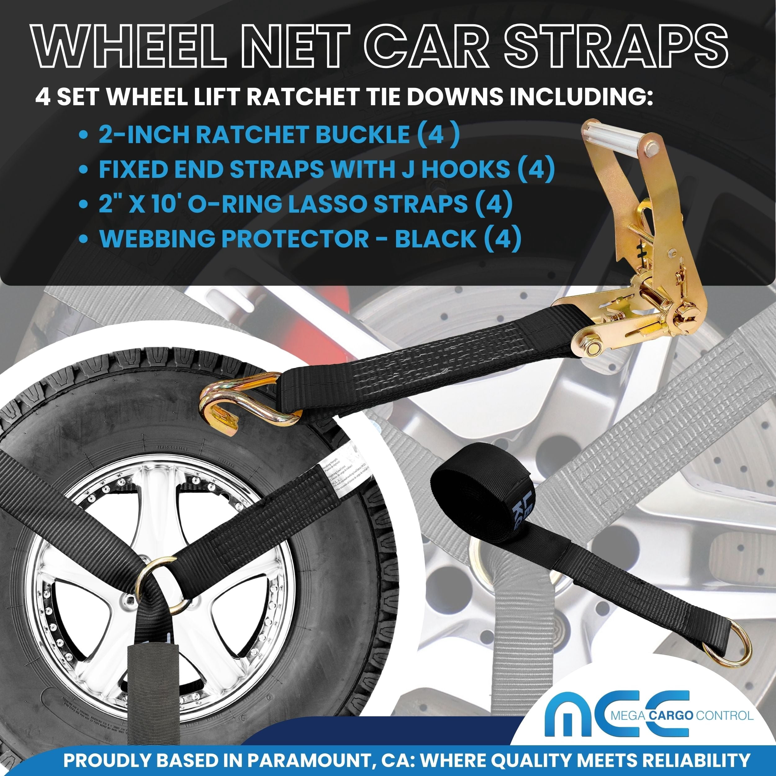 Mega Cargo Control 4 Pack 2" x 120" Car Hauler O-Ring Tie Downs with Wire J Hook Ratchet Straps, Black
