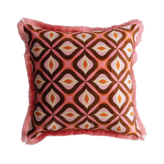 Creative Co-Op Cotton Blend Velvet Printed Pillow with Ogee Pattern and Eyelash Fringe, Multicolor