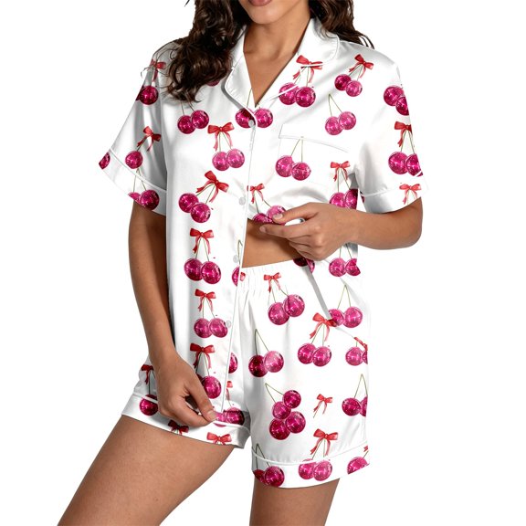 RMGVDSD Women's Pajama Sets Cute Printed Short Sleeve Sleepwear Casual Button Down Loungewear with Shorts 2 Piece Relaxed Fit Pajamas Set