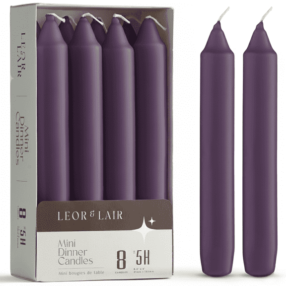 Leor & Lair Purple Taper Candles - Pack of 8 Short Candle Sticks for Advent & Weddings