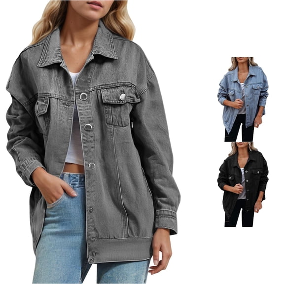 Jane Wardrobe Women Collared Oversized Long Sleeve Denim Jacket Button Down Dual Chest Pocket Loose Casual Jean Coat 1PC S-XXL Plus Size Friendly