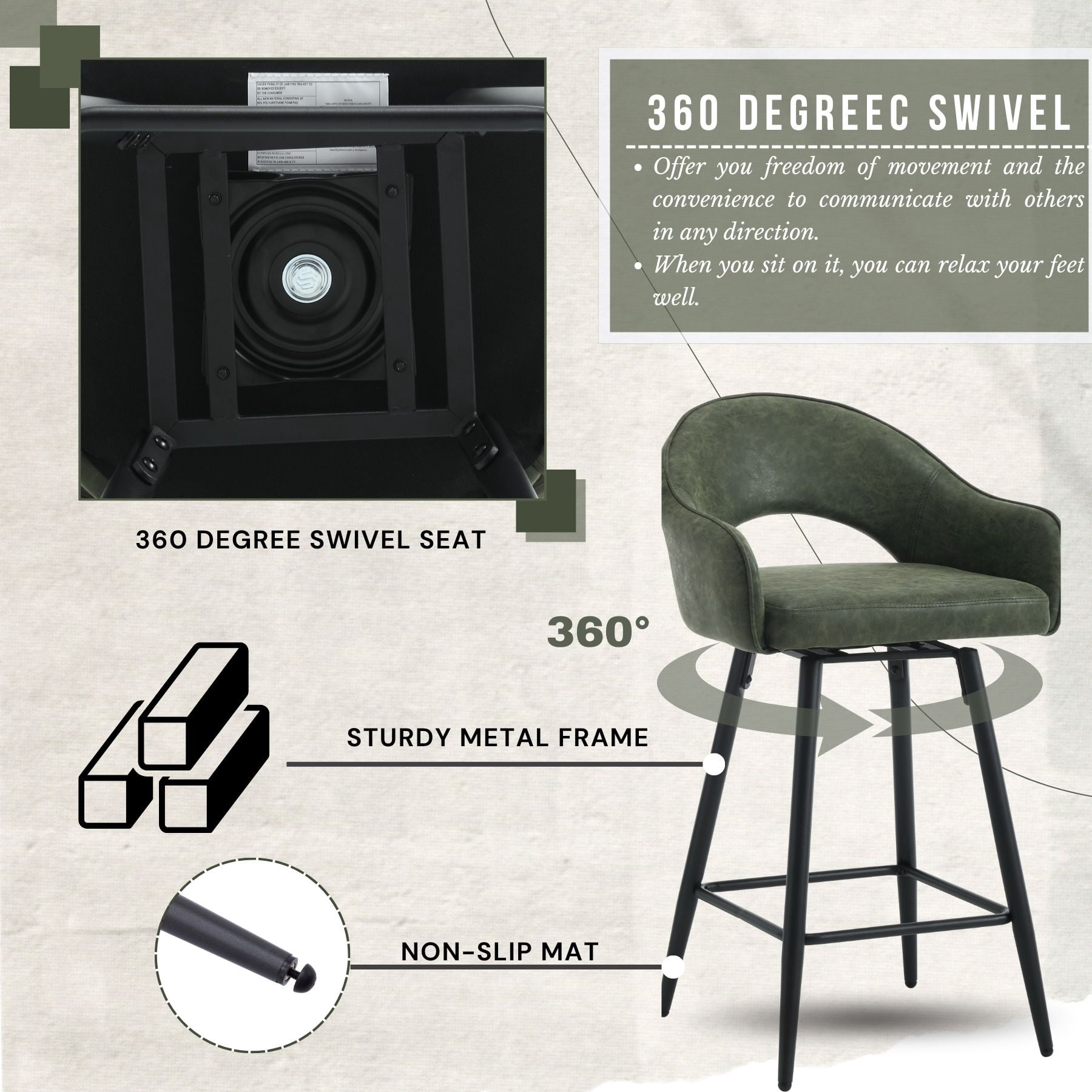 27" Modern Swivel Bar Stools Set of 2, PU Upholstered Counter Height Stools with Metal Legs, Hollow Curved Backrest for Kitchen Island, Home Bar, Bistro, Green