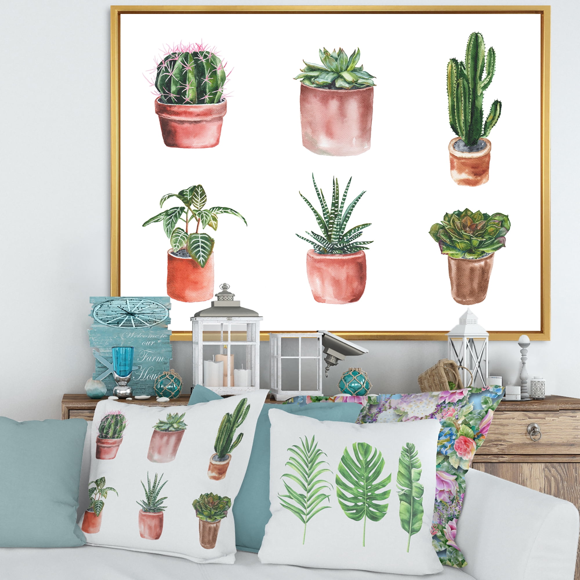 Designart 'Cactus and Succulents In A Clay Pot ' Traditional Framed Canvas Wall Art Print