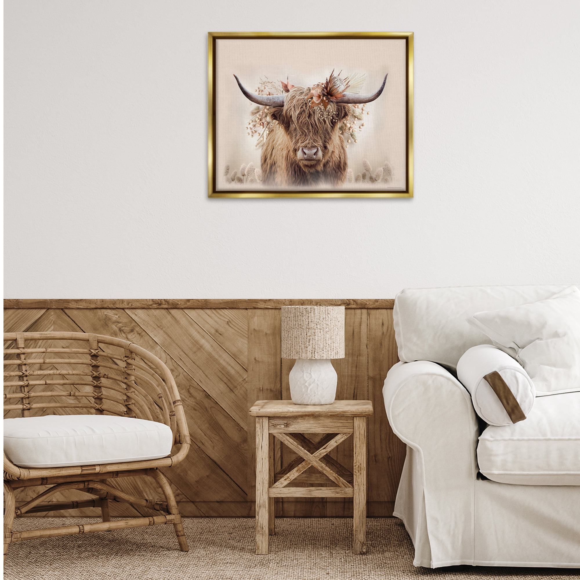 Stupell Industries Peachy Pastel Cattle Animals Painting Gold Floater Framed Canvas Art Print Wall Art, 31 x 25