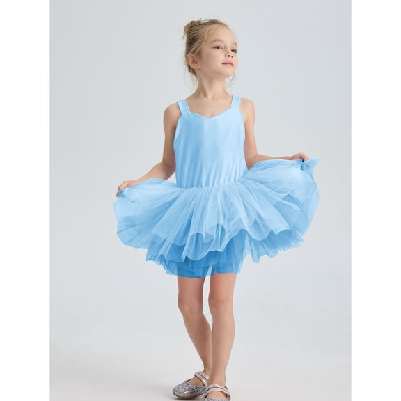 Girl Dresses Toddler Ballet Tutu Skirt Leotards V Neck Camisole Dress Dance Outfit Ballerina - Gradient 1 7Years Sky Blue 110/(5-6 Years)