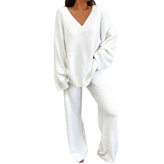 2 Piece Women's Hooded Sweatsuits Set V-Neck Winter Long Sleeve Long Pants, Thick Warm Loose Fit, Comfortable Stretchy For Cold Day Casual Wear,Size:L