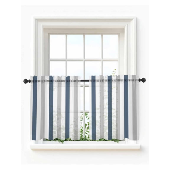 Blue Gray Striped Tier Curtains 36 Inch Length, Sheer Curtains for Bedroom Living Room Window Farmhouse Stripe Art Rod Pocket Voile Drapes Kitchen Curtains Small Half Window 27.5"x36" 2 Panels