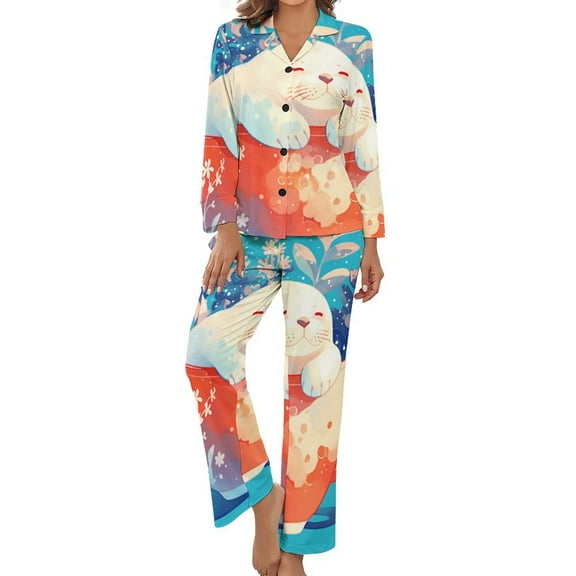PoBuds Women's Long Sleeve Flannel Pajama Set Sleepwear Cute Seal Teacup L