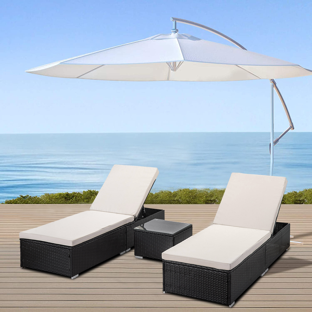 3 Pieces Chaise Lounges Chairs Sets, Rattan Wicke Outdoor Patio Furniture with Adjustable Back, Beige Cushion and Coffee Table, All-Weather Sun Chaise Lounge for Backyard, Balcony, W10870 - image 2 of 9