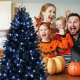 thumbnail image 2 of 6ft Black Christmas Tree with 350 White LED Lights, 1460 Tips PE+PVC Artificial Tree for Halloween & Holiday Decor, Hinged with Metal Stand, 2 of 11