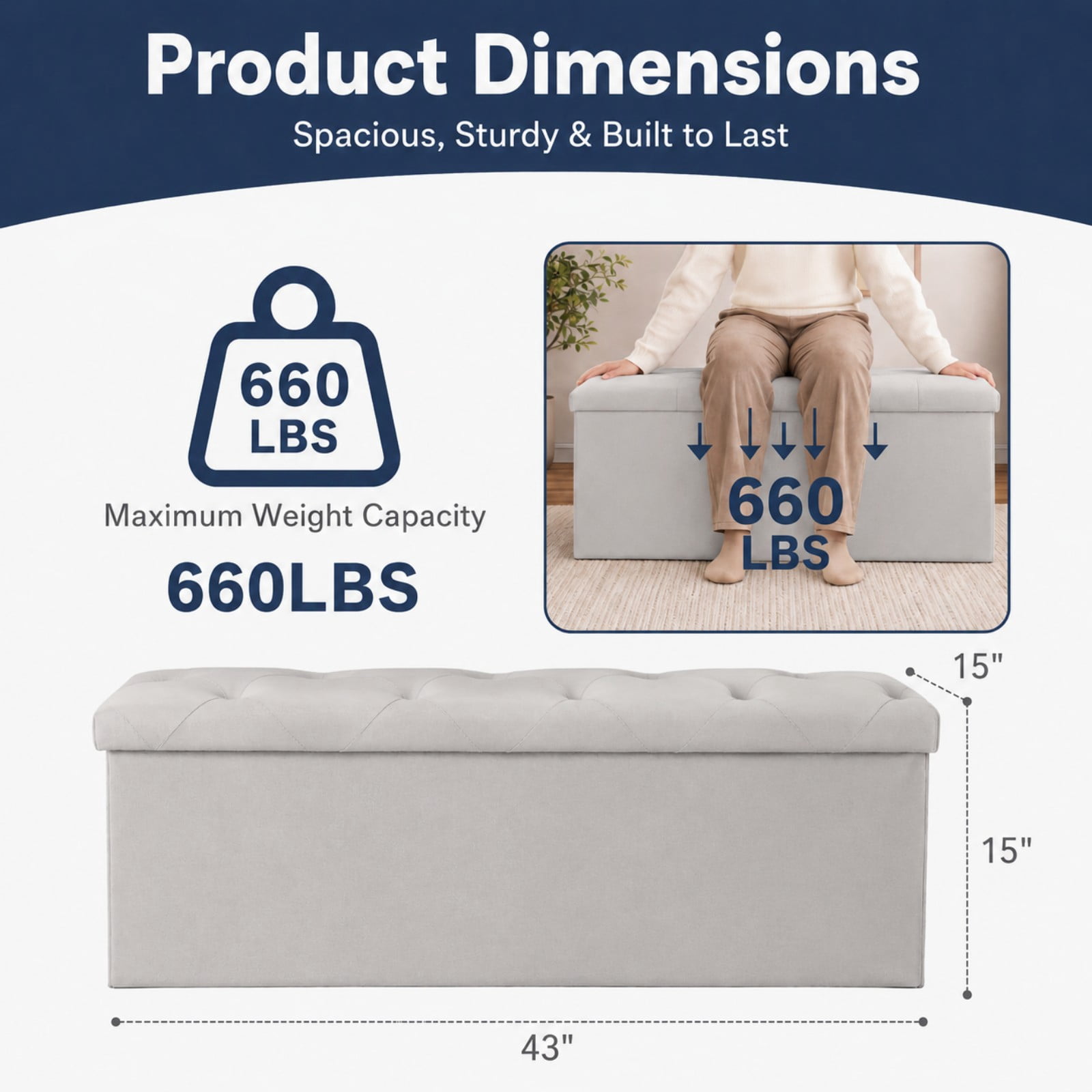 Telyra 43" Foldable Storage Ottoman Bench Faux Leather Footrest Stool with Foam Padded Seat, Gray