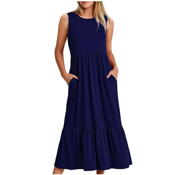 pimelu Dresses for Women Cocktail Dresses for Women Loose Flowy Pleated Swing Beach Long Tank Dresses with Pocket Summer Vintage Solid Sleeveless Crewneck Ladies Maxi Dress