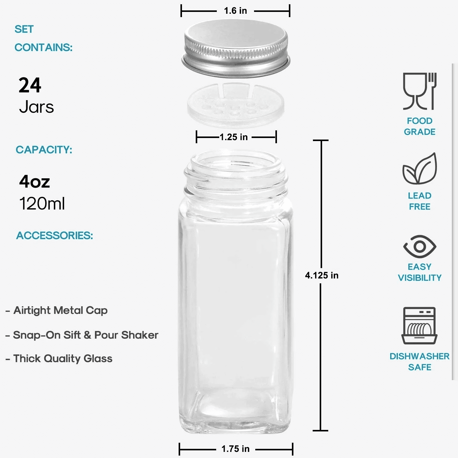 24 Pcs Glass Spice Jars/Bottles - 4oz Empty Square Spice Containers with 8 Spice Labels - Shaker Lids and Airtight Metal Caps Kosbon