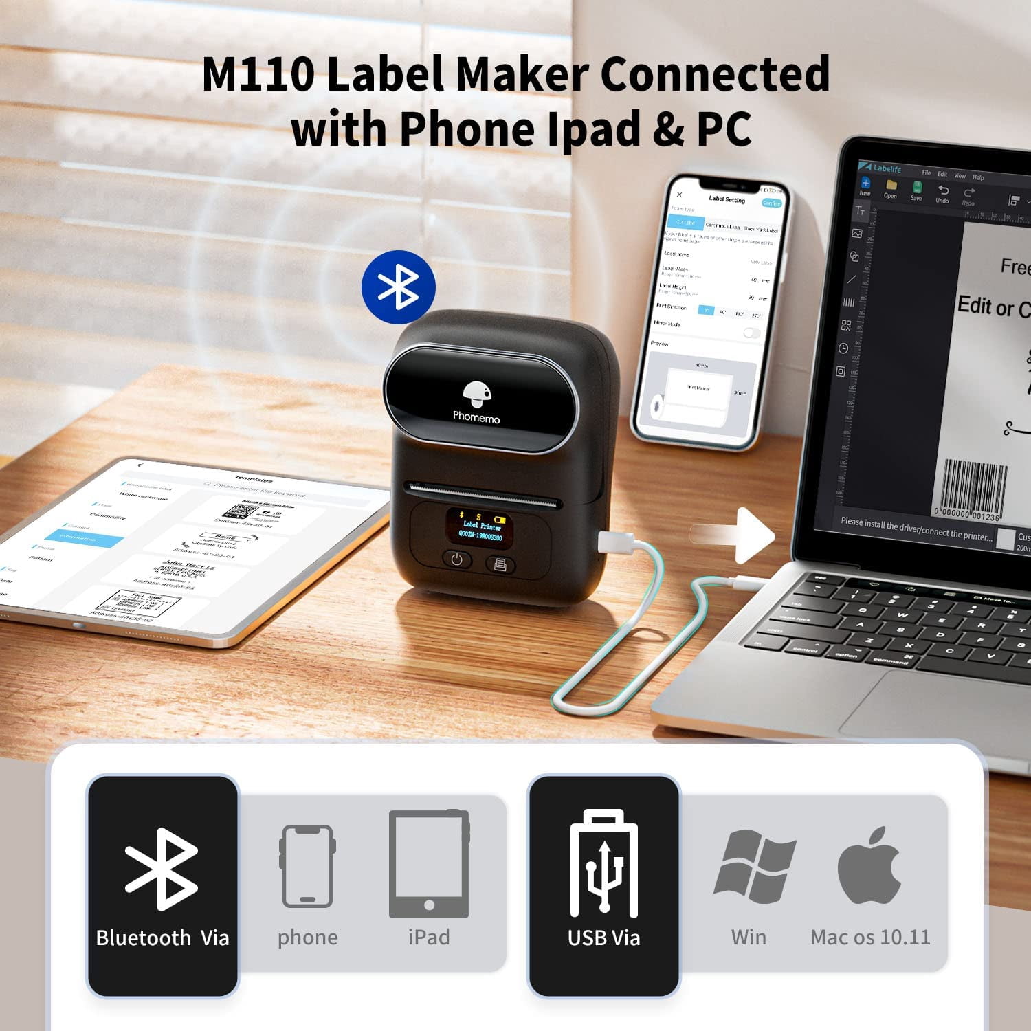 Phomemo M110 Thermal Label Printer - Portable Bluetooth Address Label Maker for Small Business, Barcode & Retail, Compatible with Phones & PC (Black)