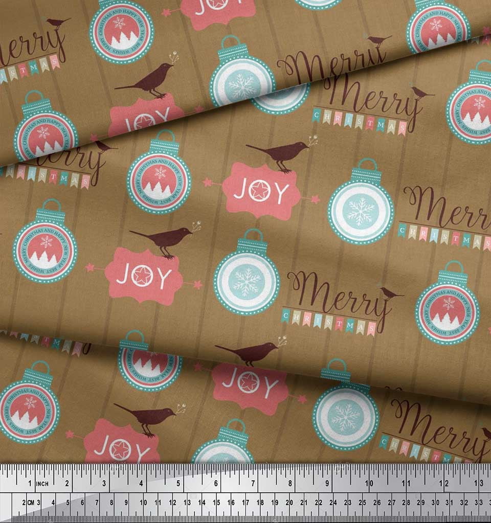 Soimoi Brown Cotton Voile Fabric Bird,Stripe & Baubles Christmas Print Sewing Fabric Yard 42 Inch Wide