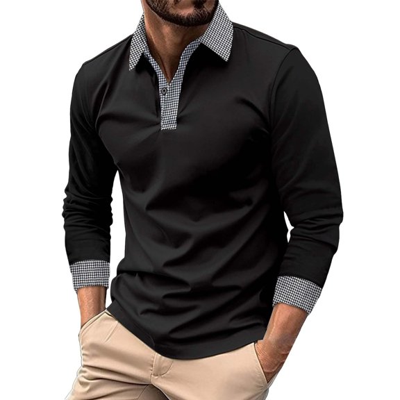 WTOBBY Men's Long Sleeve Plaid Collar Polo Shirt Golf Tee Basic Casual Top with Lightweight Regular Fit for Everyday Wear and Trendy Style,Black L