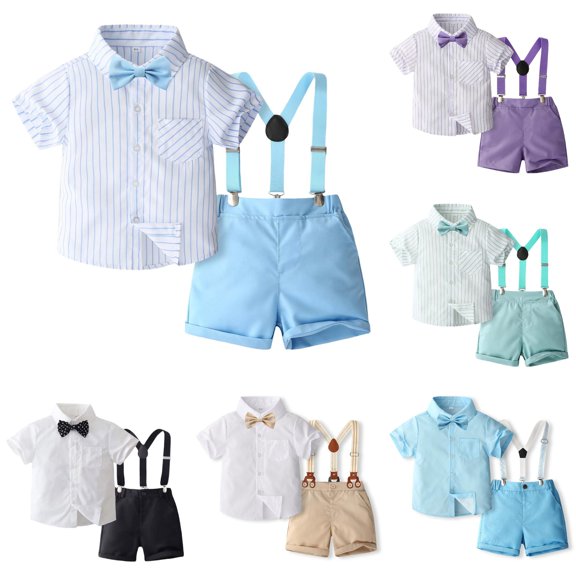 WhouRiu Boys Formal Outfits Short Sleeve Dress Shirts Suspenders Shorts Sets Baby Gentleman Clothes