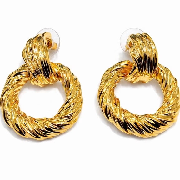 Gold Tone Textured Open Circle Drop Earrings for Women, Twisted Statement Stud Earrings