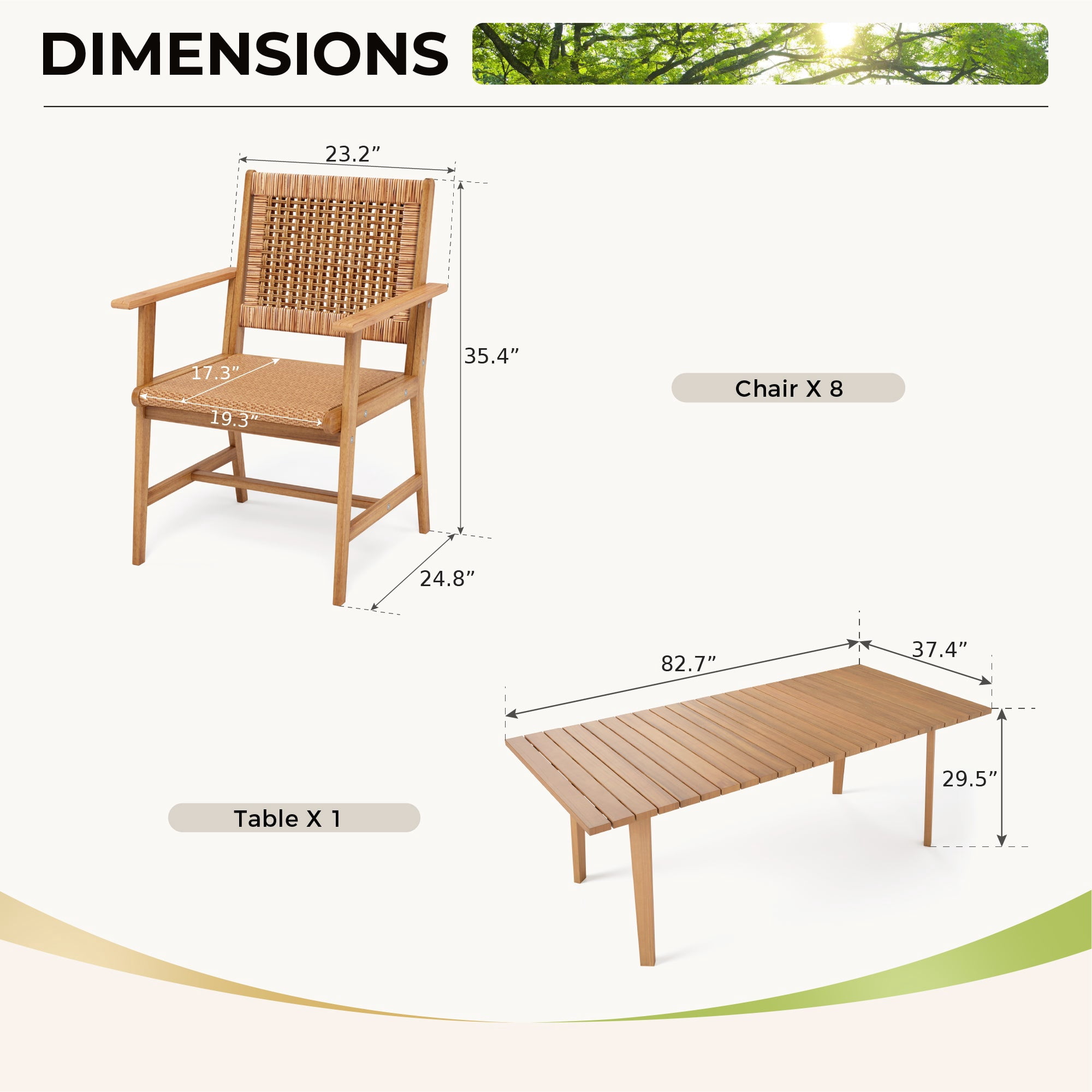9-Piece Acacia Wood Outdoor Patio Dining set with 8 Wooden Chairs with Rattan and 1 Acacia Wood Table