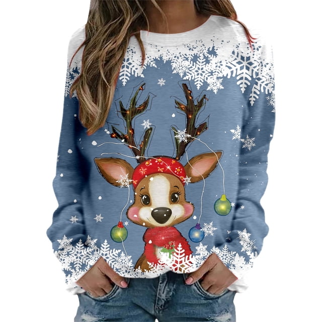 WEAIXIMIUNG Chandails en Molleton Courts pour Femmes, Pulls de Noël Tendance pour Femmes, Mode, Manches Longues, Col Rond, Graphique Renne Mignon, Chemises de Noël (4)
