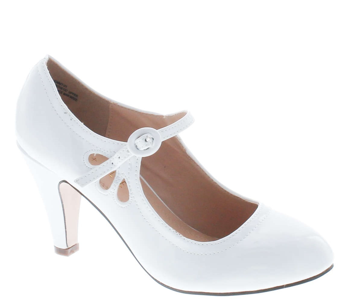 Chase & Chloe Kimmy-21 Women's Round Toe Pierced Mid Heel Mary Jane Style  Dress Pumps, White Patent, 5.5