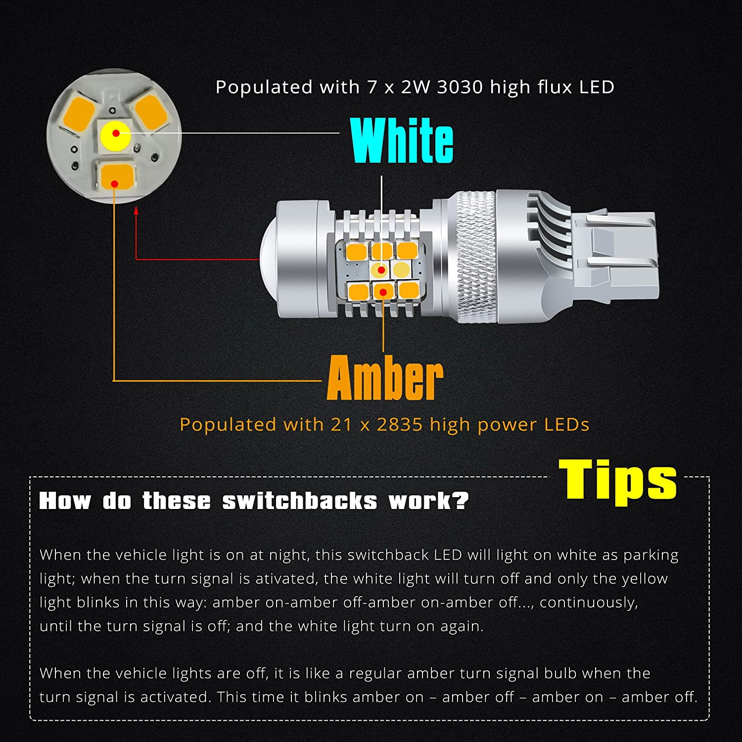 Alla Lighting 3457 Switchback 3157 LED Amber and White 6000K Automotive Bulb 2 Pack