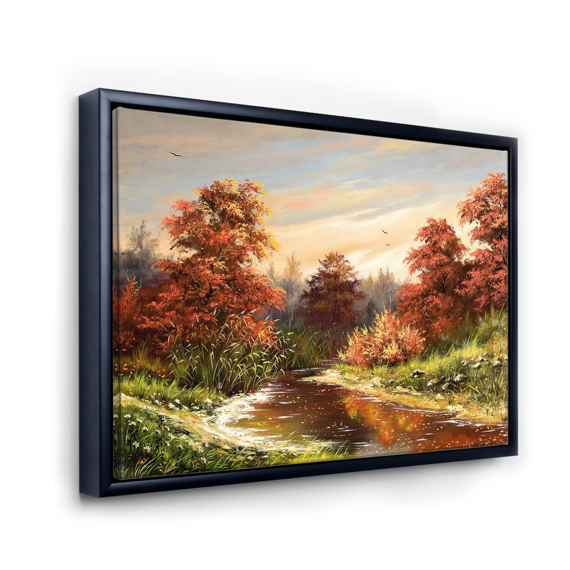 Designart 'The Wood River On A Decline In An Orange Autum Summer' Lake House Framed Canvas Wall Art Print