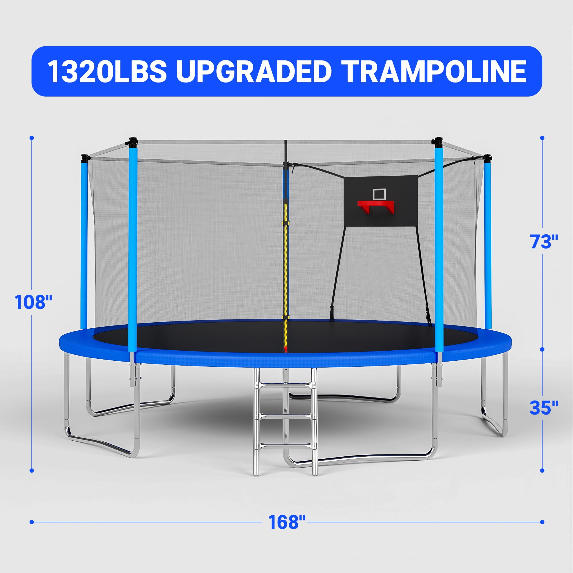 Yoneston 14ft Kids Trampoline with Basketball Hoop, 1300LBS Upgraded Round Outdoor Trampoline with Enclosure & Ladder, Heavy-Duty Backyard Trampoline for Children Gift, Blue