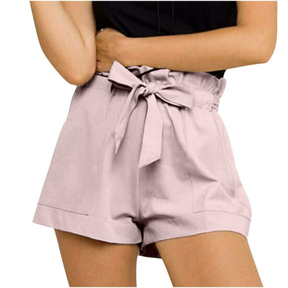 Lolmot Women Casual Elastic Waist Summer Casual Bow Tie Belted Shorts Solid Color Paper Bag High Waist Shorts Summer Ruffle Short Pants with Pockets