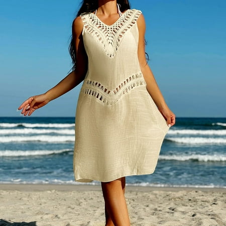 Tawop Swim Suits for Women Cover Up Bikini Loose Hollow Beach Clearance Swimsuits Womens Swimsuit Cover Beige Free Size