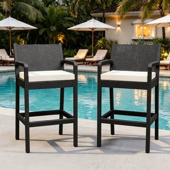 Outdoor Bar Stools Set of 2, Bar Height Patio Chairs with Cushions, All-Weather Rattan Barstools Indoor Outdoor for Backyard, Garden, Pool, Balcony & Deck