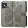 thumbnail image 1 of Étui Portefeuille pour iPhone 11 pro max, Étui de Protection en Cuir PU à Rabat avec Sangle de Poignet et Fentes pour Cartes Support de Poche Embossé Papillon Fleur pour iPhone Gris, 1 of 7