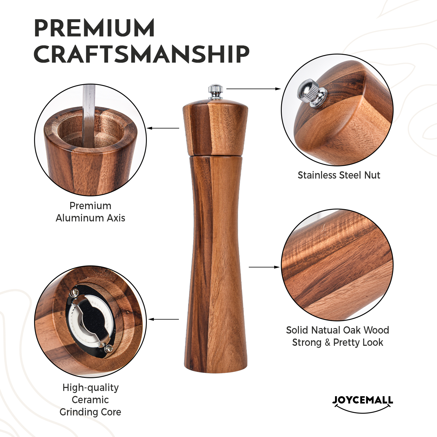 6.5 inch Wood Salt and Pepper Grinder Set, JOYCEMALL Set of 6 Manual Salt and Pepper Grinder with Ceramic Grinding Rotor - Pepper and Salt Mill, Wooden Standing Tray, 2 Cleaning brushes, Spoon