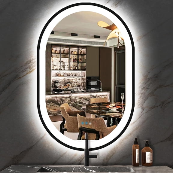 Oval Black LED Mirror 24" x 36"  Bathroom Black Oval Lighted Vanity Mirror with Lights Black Frame Bathroom Smart Light up Oval digital mirror 36" espejos para baños modernos
