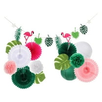 Tropical Hawaiian Flamingo Paper Fans and Monstera Leaves Banner for Beach Party Decorations Easy to Install for Weddings and Birthdays