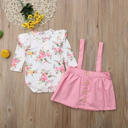 2Pcs Toddler Kids Baby Girls Overall Outfits Floral Romper Tops+Strap Dress 2PCS Autumn Clothes Sets New
