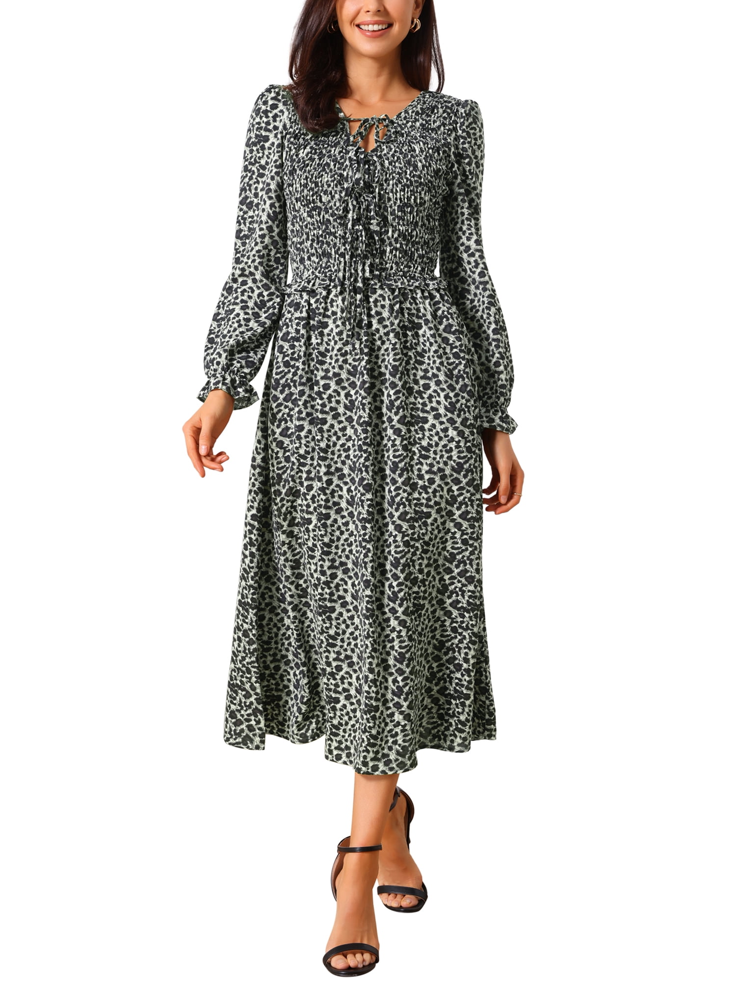 DARING DIVA Women's Leopard Print Long Sleeve Ruffle Tie Dress S Black
